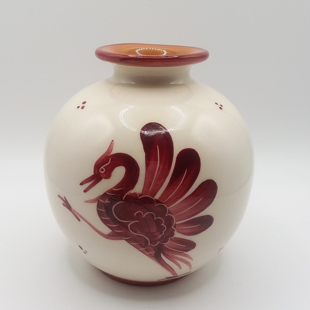 VTG Bulle Dubuis Bosshard Crane Peacock‎ Small Vase 4" Swiss Hand Painted Rare